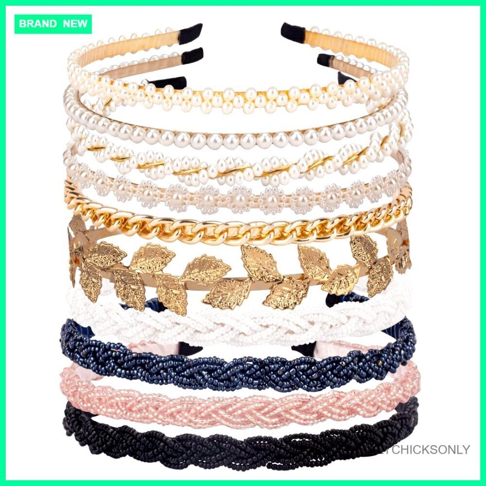 10 Pack No Slip Headbands Pearl Metal Beaded Hair Accessories Women